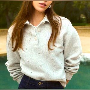 H&M Divided Embellished Scuba Rugby Shirt Rhinestone Cropped Sweatshirt XL Grey